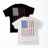 Two t-shirts, one black and one white, with American flag designs on a white background.