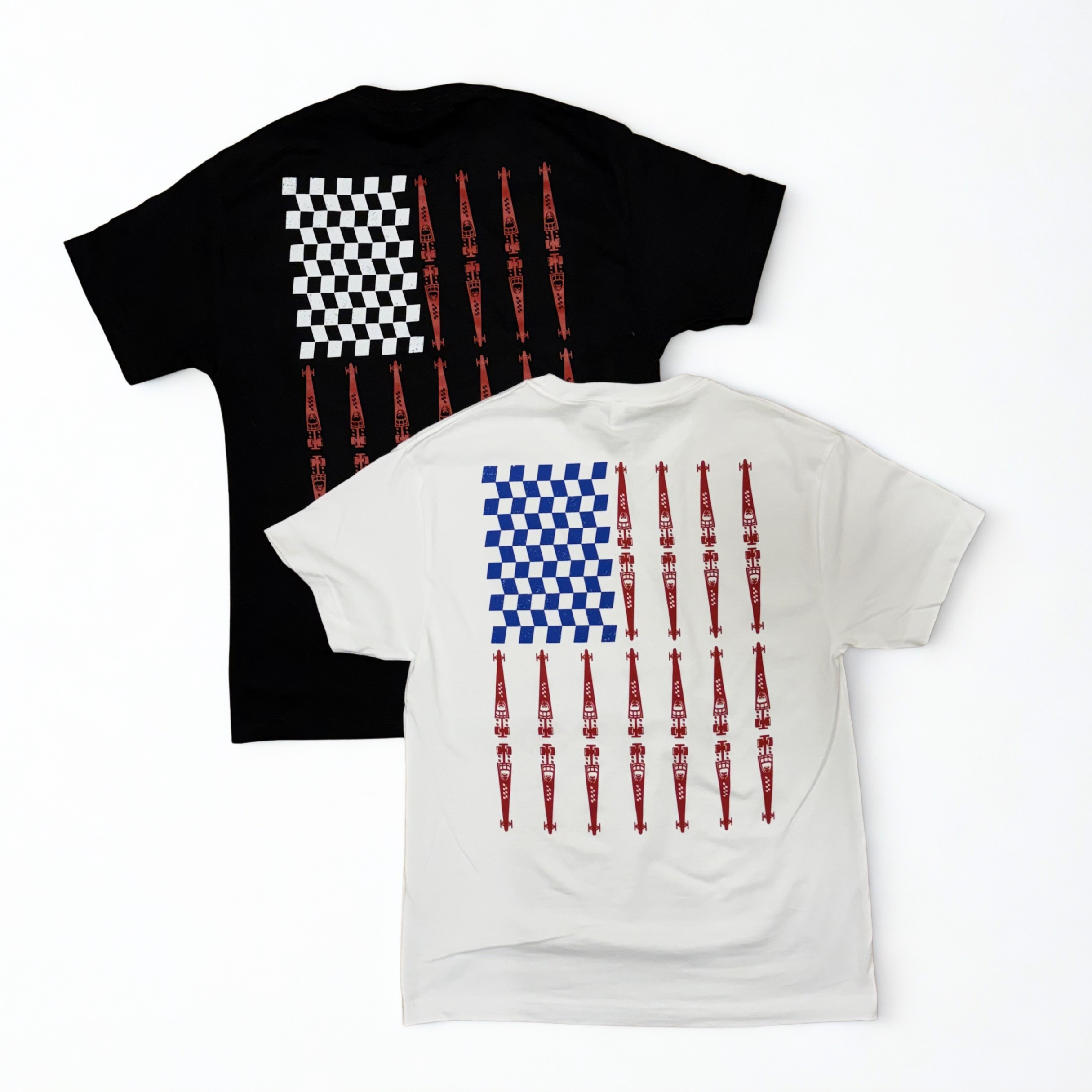 Two t-shirts, one black and one white, with American flag designs on a white background.