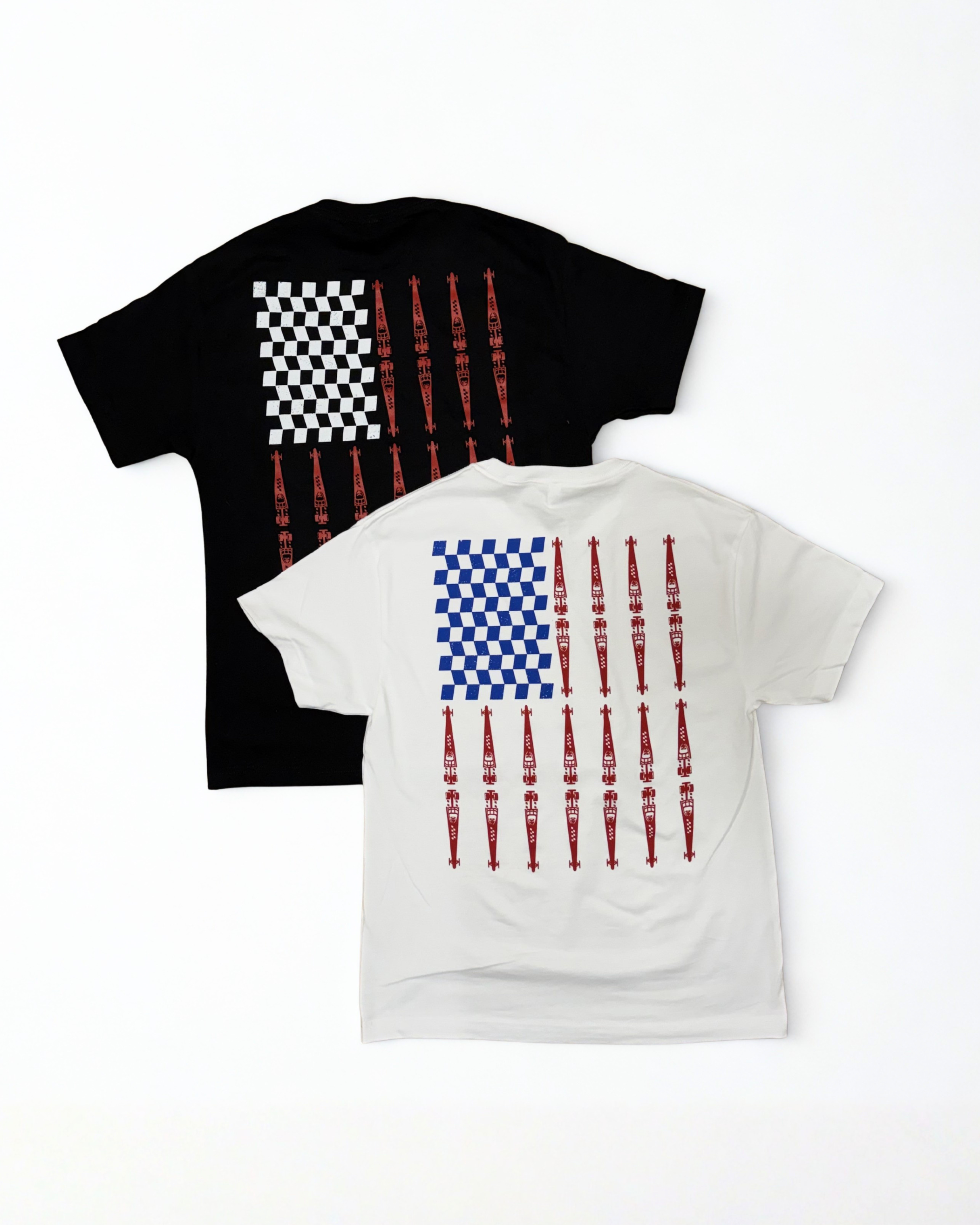 Two t-shirts, one black and one white, with American flag designs on a white background.