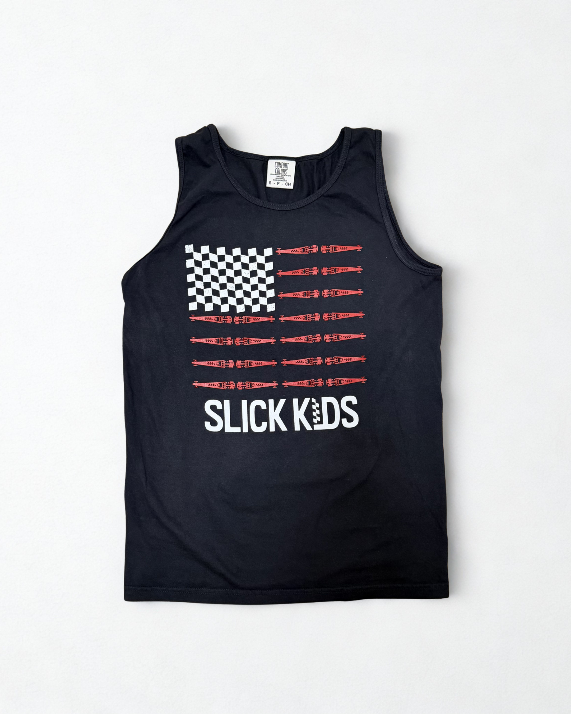 Black tank top with 'Slick Kids' logo and an american flag