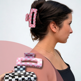 Slick Kids Checkerboard Hair Claw Clip Set (Black/White + Pink/White)