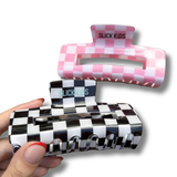 Slick Kids Checkerboard Hair Claw Clip Set (Black/White + Pink/White)