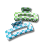 Slick Kids Checkerboard Hair Claw Clip Set (Blue/White + Green/White)